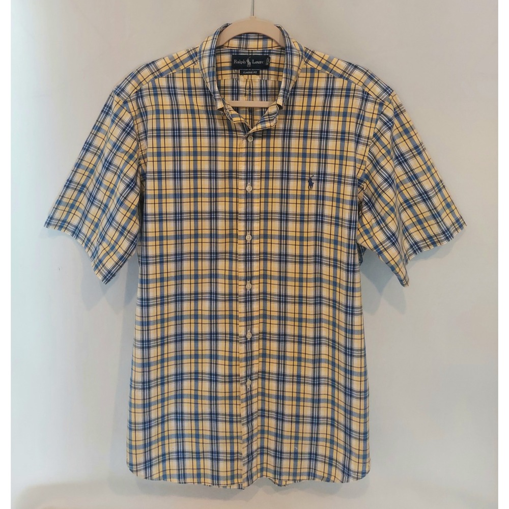 Ralph Lauren Mens Blue Yellow Plaid Classic Fit Button-Up Dress Shirt Size Large